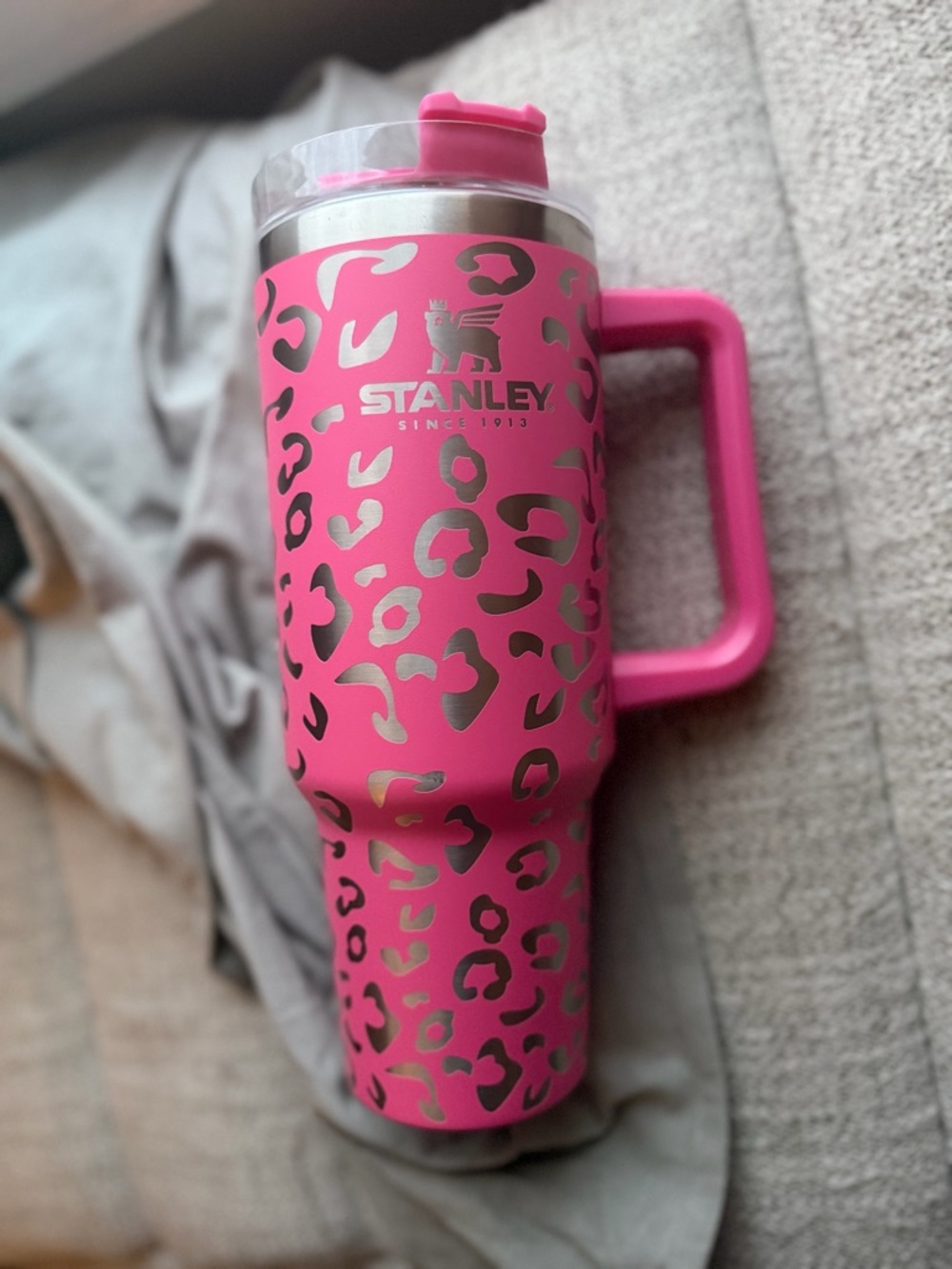 Stanley Hot Pink Leopard Print Travel Tumbler with Handle